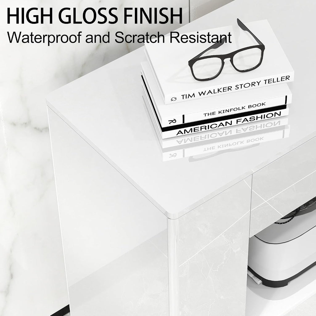 High Gloss TV Stand with 2 Large Drawers & Push-Open Doors - High Gloss Modern TV Console Storage Cabinet for Living Room, Office