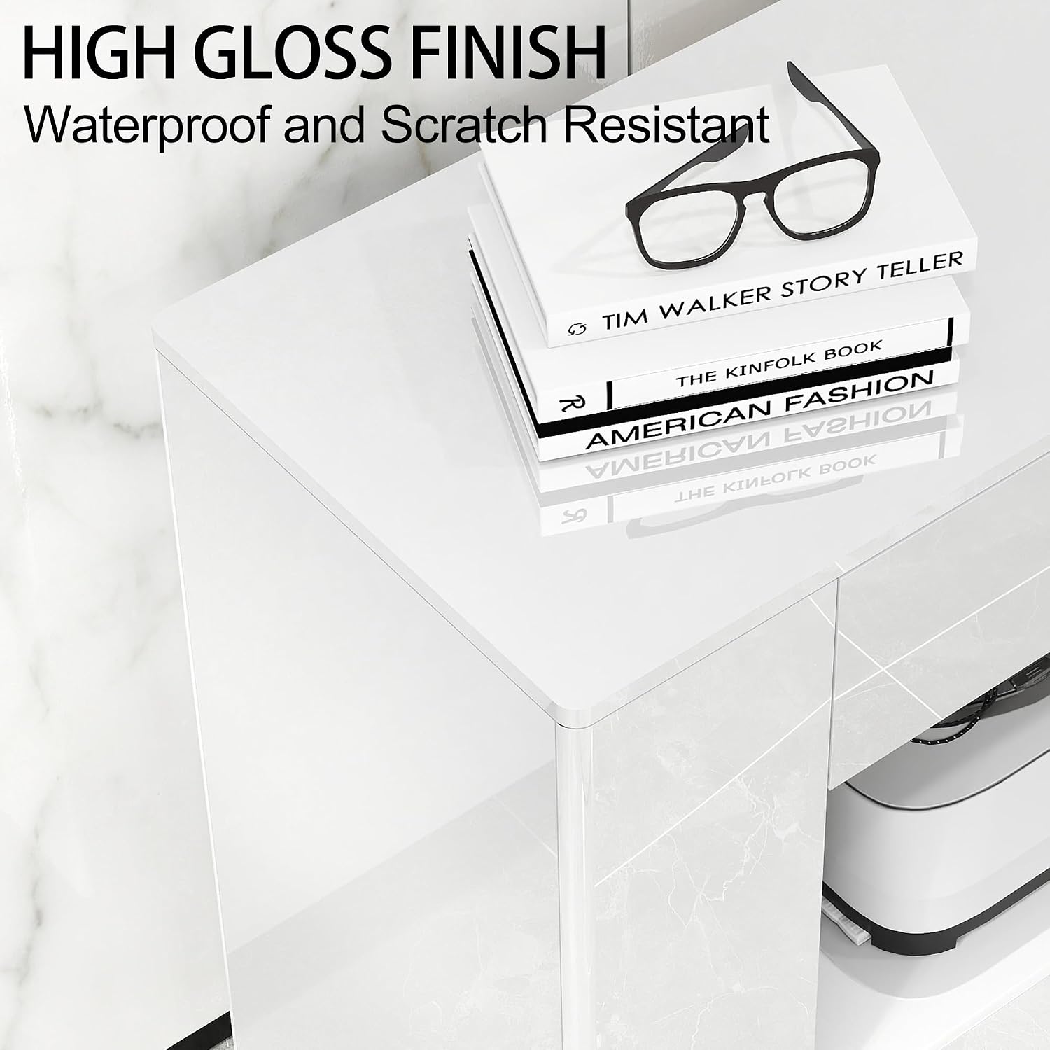 High Gloss TV Stand with 2 Large Drawers & Push-Open Doors - High Gloss Modern TV Console Storage Cabinet for Living Room, Office