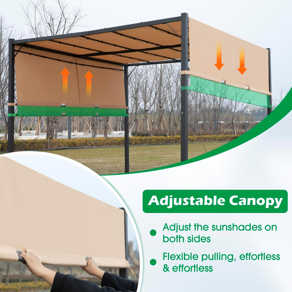 10'x10' FT Heavy-Duty Outdoor Pergola Aluminum Pergola with Retractable Sun Shade Canopy and Solar LED Lights, for Garden, Deck, and Backyard (TAN)
