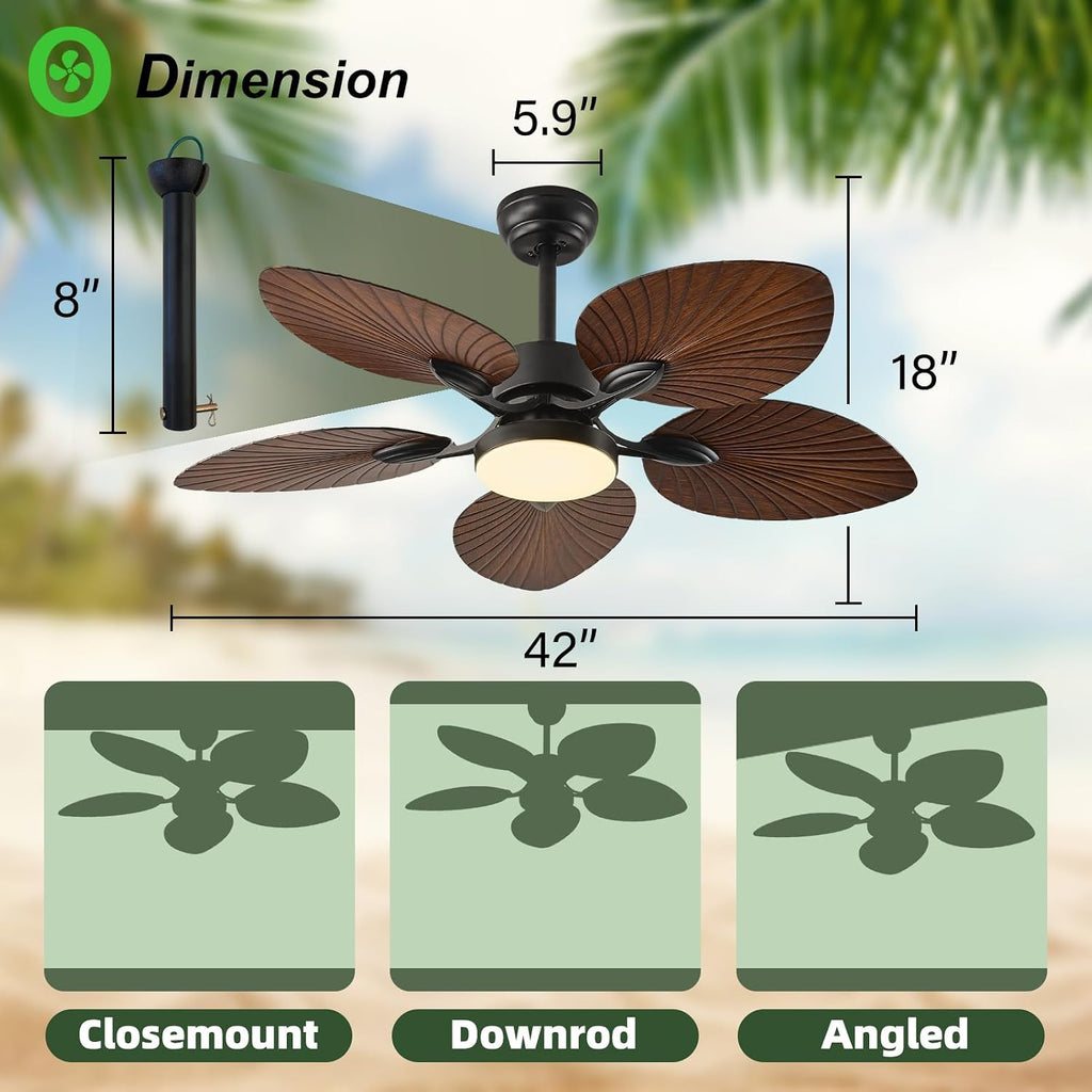 42-INCH Tropical Outdoor Ceiling Fan with Dimmable LED Light & Remote - Damp-Rated Palm Leaf Blades | Ultra Quiet DC Motor | 6 Speeds ideal for Patio Gazebo