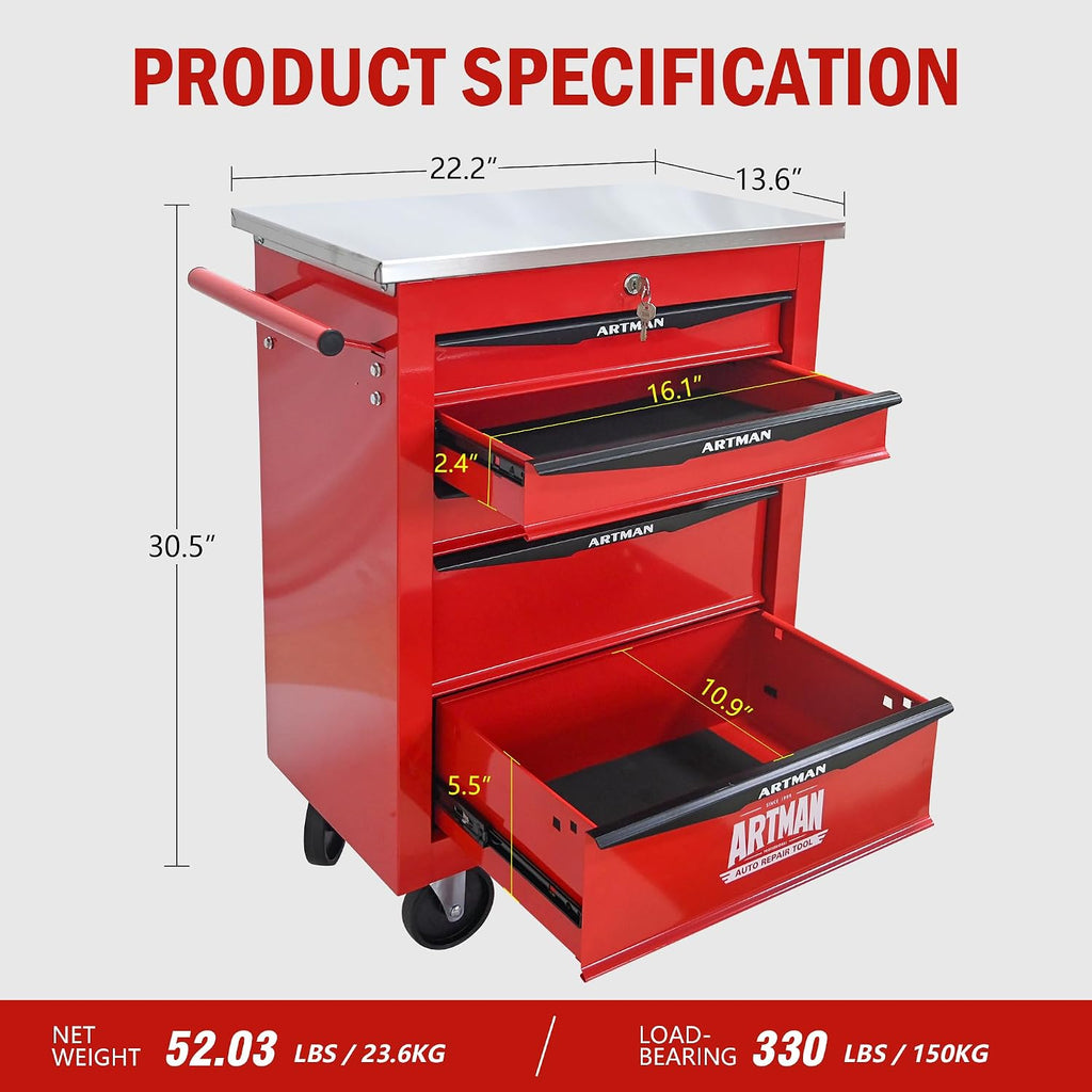 5 Drawers Rolling Tool Box on Wheels, Stainless Steel Countertop Tool Chest Cabinet with Lock, Drawers Rolling Tool Cart Trolley Organizer Tool Case for Garage,Warehouse (Red)