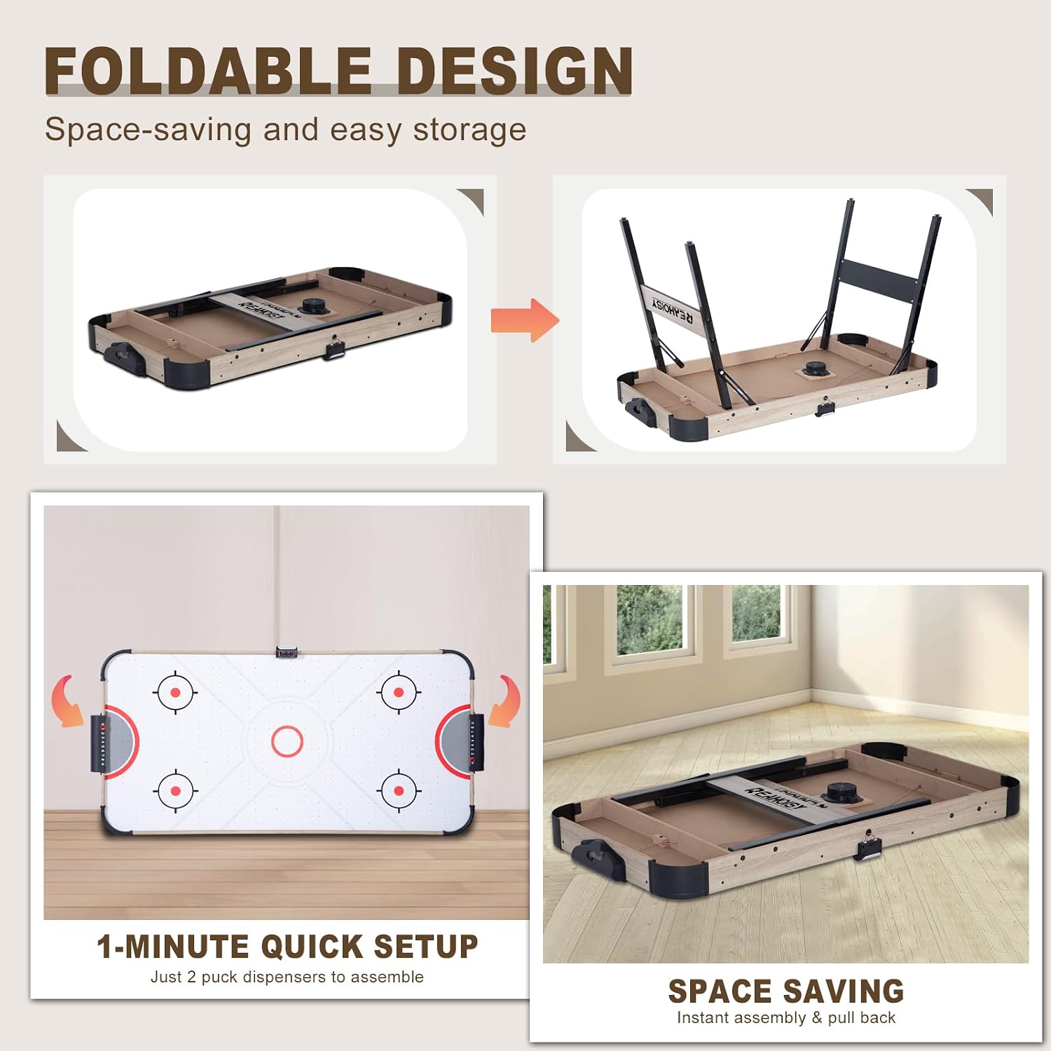 58 Inch Foldable Air Hockey Table, LED Folding Hockey Table Game Set w/2 Pucks, 2 Pushers, Powerful Motor, Hockey Table Gaming Set for Adults and Kids, Home Game Room