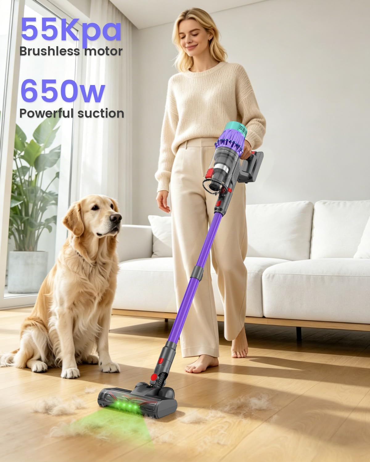 Cordless Vacuum Cleaner, 650W 55KPA 70Min Wireless Vacuum for Home, Stick Vacuum with Green Light Anti-Tangle, Rechargeable Vacuum Cleaners for Pet Hair Carpet Hard Floors （Purple）