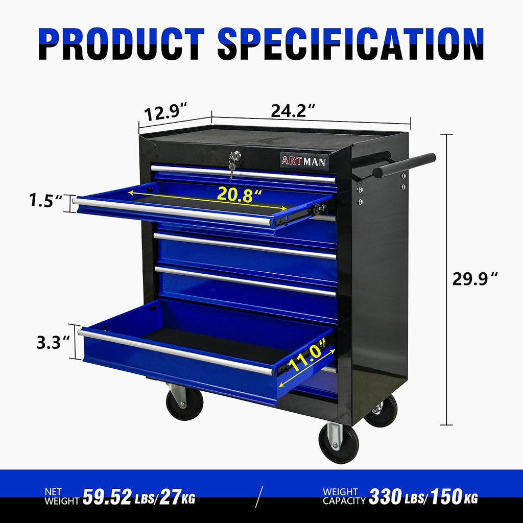 7 Drawers Tool Cart on Wheels, 7 Drawer Rolling Tool Chest with Key Lock, Trolley Organizer Tool Case, Multifunctional Rolling Tool Box for Garage,Warehouse,Workshop,Repair Shop (Black+Blue)