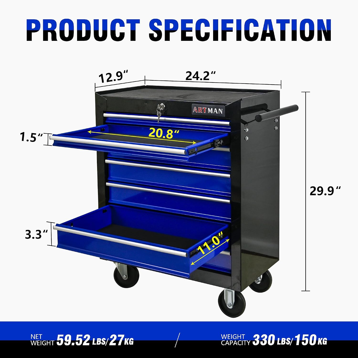 7 Drawers Tool Cart on Wheels, 7 Drawer Rolling Tool Chest with Key Lock, Trolley Organizer Tool Case, Multifunctional Rolling Tool Box for Garage,Warehouse,Workshop,Repair Shop (Black+Blue)