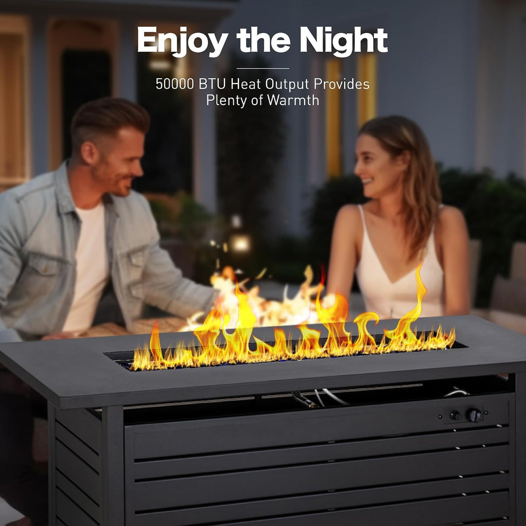 SUNSHINE VALLEY Propane Gas Fire Pit Table 57' 0utdoor Firepit Table Rectangular Wood-Like Tabletop with Glass Rock, Black Outdoor Fire Pit for Patio Outdoor Outside Garden Backyard Deck