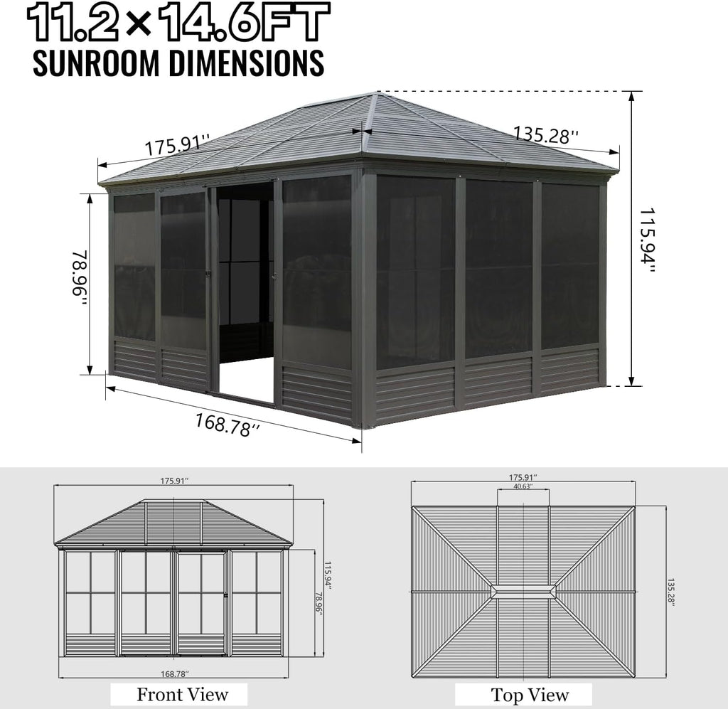 Domi 11x15FT Outdoor Sunroom Gazebo, Aluminum Solarium with Galvanized Steel Sloping Roof, Detachable PE Screens, 2 Sliding Doors, Permanent Sun Room Hardtop Screen House for Patio Deck Garden