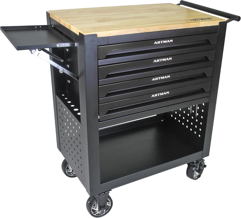 36' Tool Box with Wheels 4 Drawers Rolling Tool Cart, Wooden Top Workbench, 660lbs Total load Tool Cabinet with Locked Drawers Storage Organizer Cabinet for Garage, Warehouse, Repair Shop - Black
