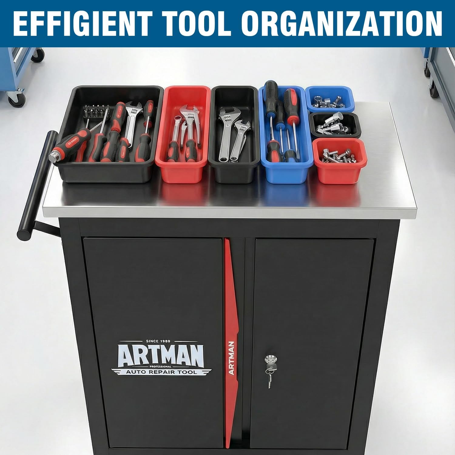 1 Cabinet 2 Shelves Rolling Tool Chest with Stainless Steel Countertop,Tool Chest with Secure Locking System,Mobile Storage Tool Cabinet with 360°Wheels & Padded Feet,for Home,Garage(Black+Red)