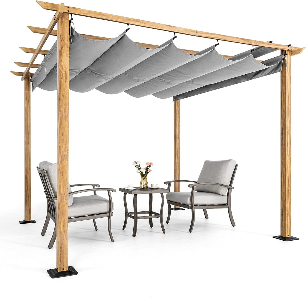 HAPPATIO 10' X 10' Wood-Grain Aluminum Pergola - Adjustable Sun Shade Canopy with Retractable Roof for Backyard, Deck, Patio, by The Pool,Grey