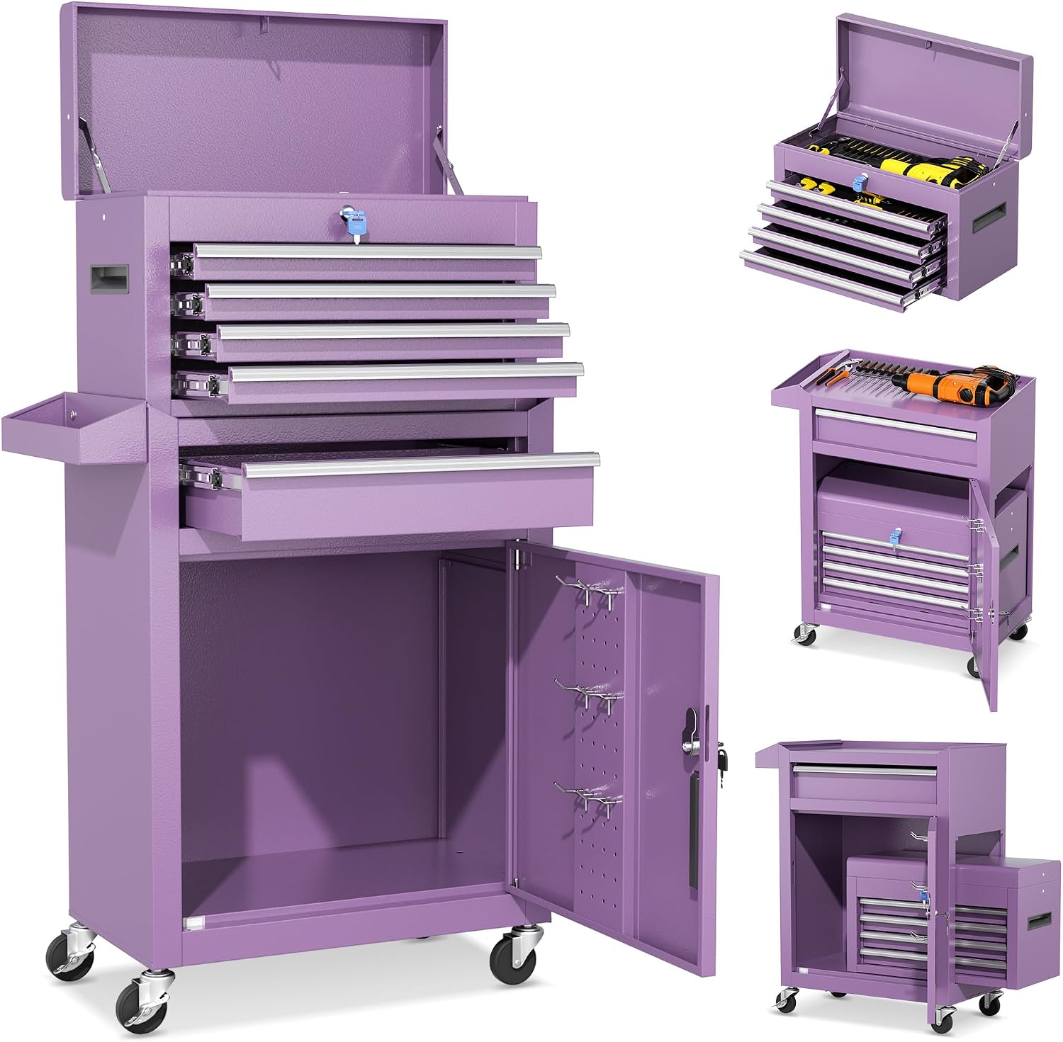 INTERGREAT Purple Tool Chest, 5-Drawer Rolling Storage Cabinet, Detachable Top Tool Box - Lockable Wheels, Garage & Workshop Barbershop Tool Cart