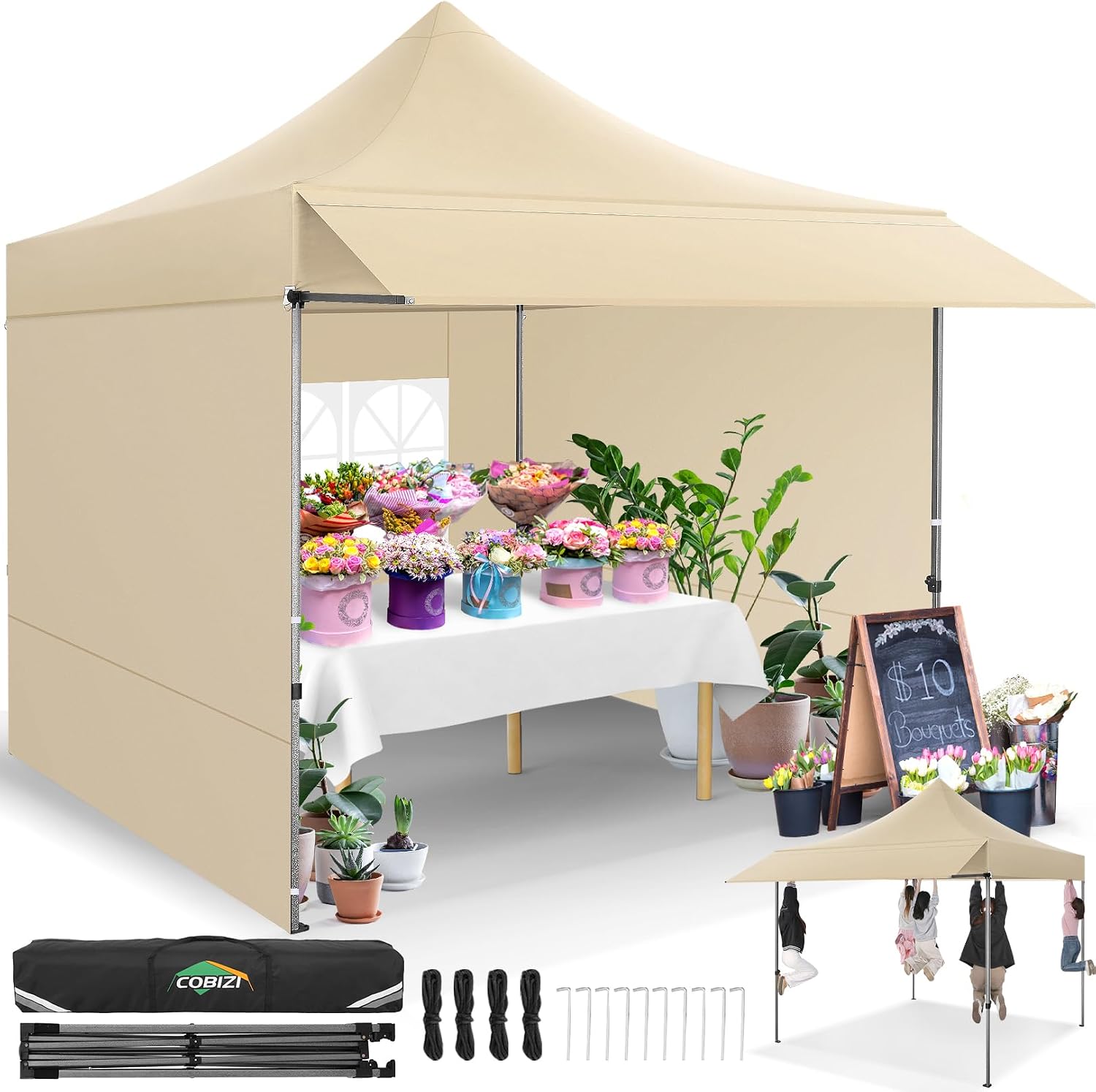 COBIZI 10x20 Pop up Heavy Duty Canopy Tent, Commercial Instant Canopies with Sturdy Awning, Outdoor Canopies for Market, Event, Khaki