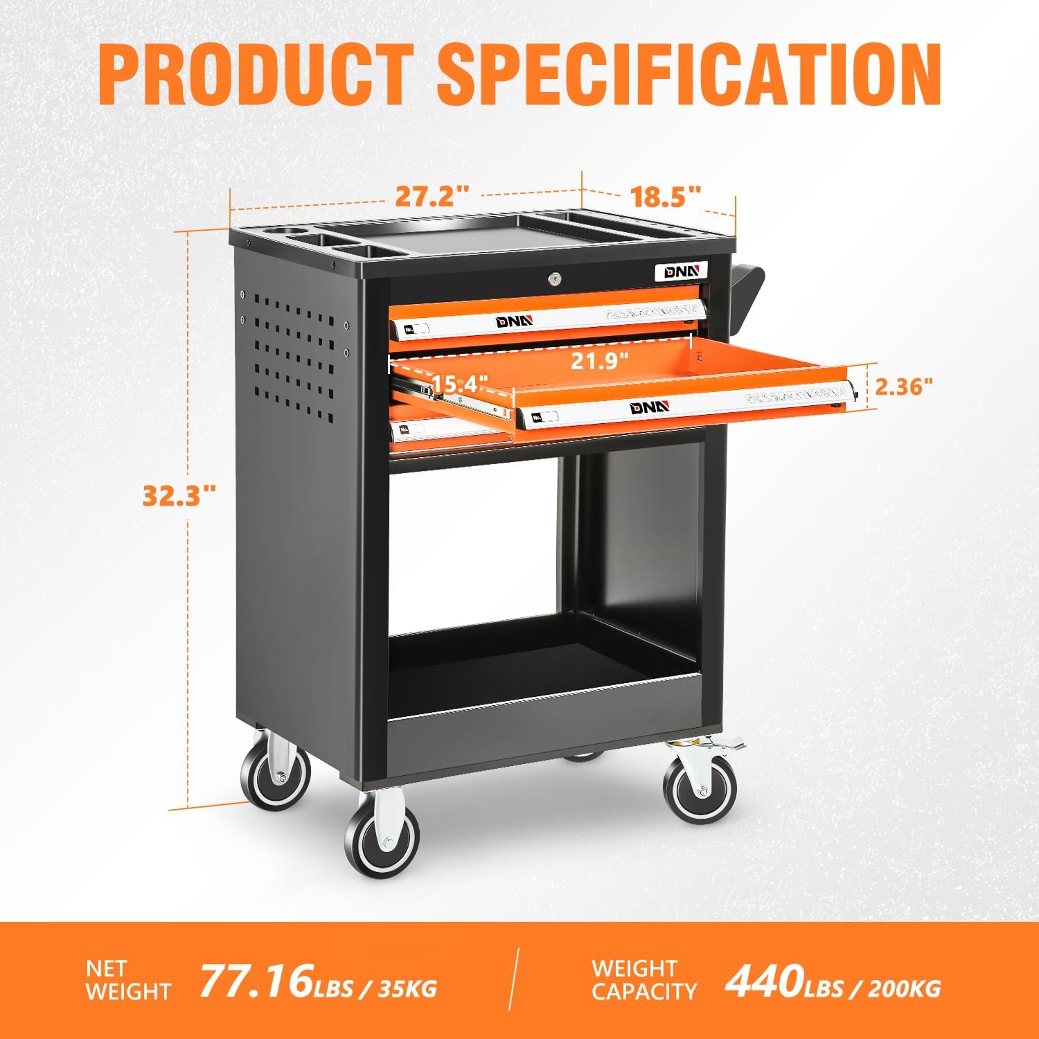 DNA Motoring 3-Drawer Rolling Tools Chest, Rolling Tool Storage Cabinet, Heavy Duty Mechanic Tool Cart, Trolley Organizer for Garage, Warehouse, Workshop, Black/Orange, TOOLS-00404