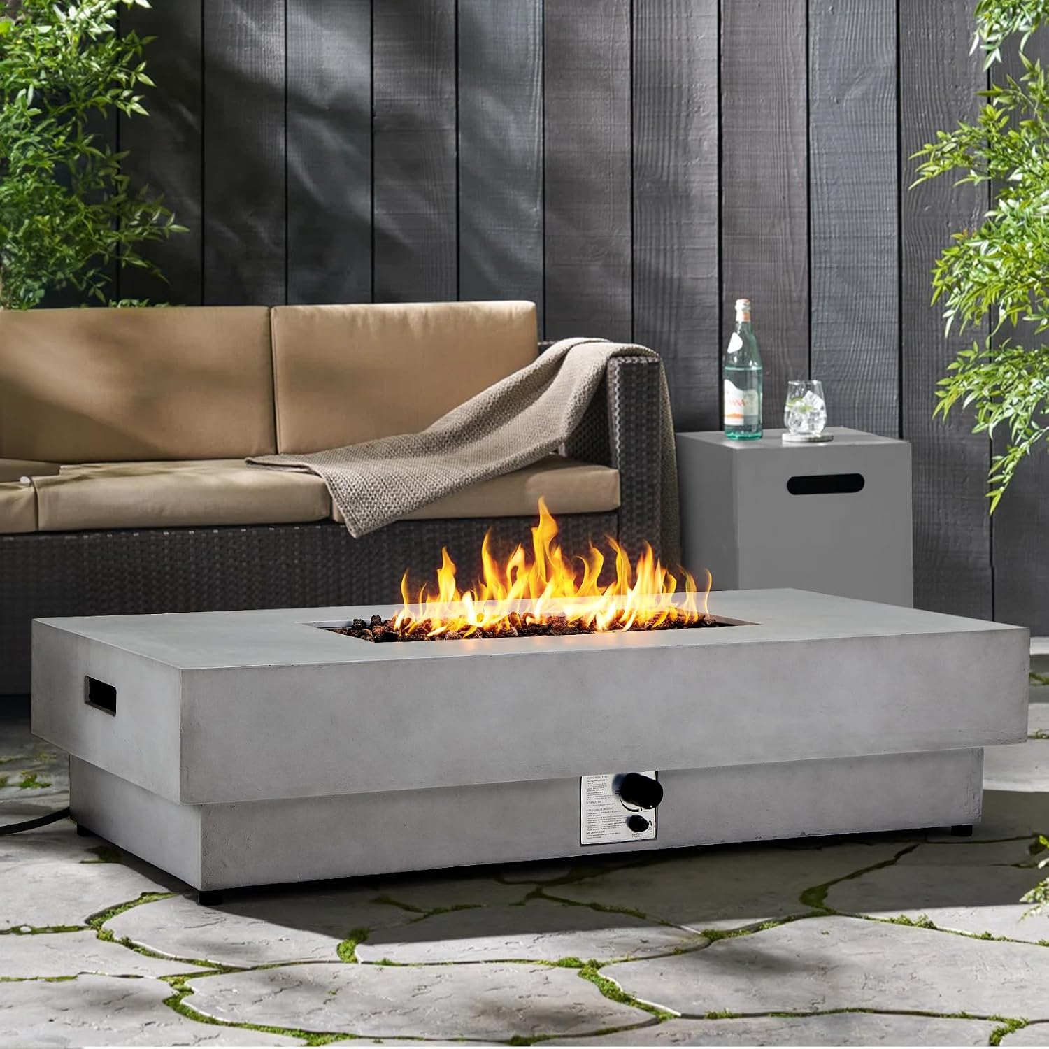 60-inch Fire Pit Table w/Tank Cover, 2-Piece Outdoor Propane/Natural Gas Firepit for Outside Patio, Included SUS201 Rectangle Burner, Auto-Ignition, Metal Lid, Rain Cover（50,000 BTU, Grey）