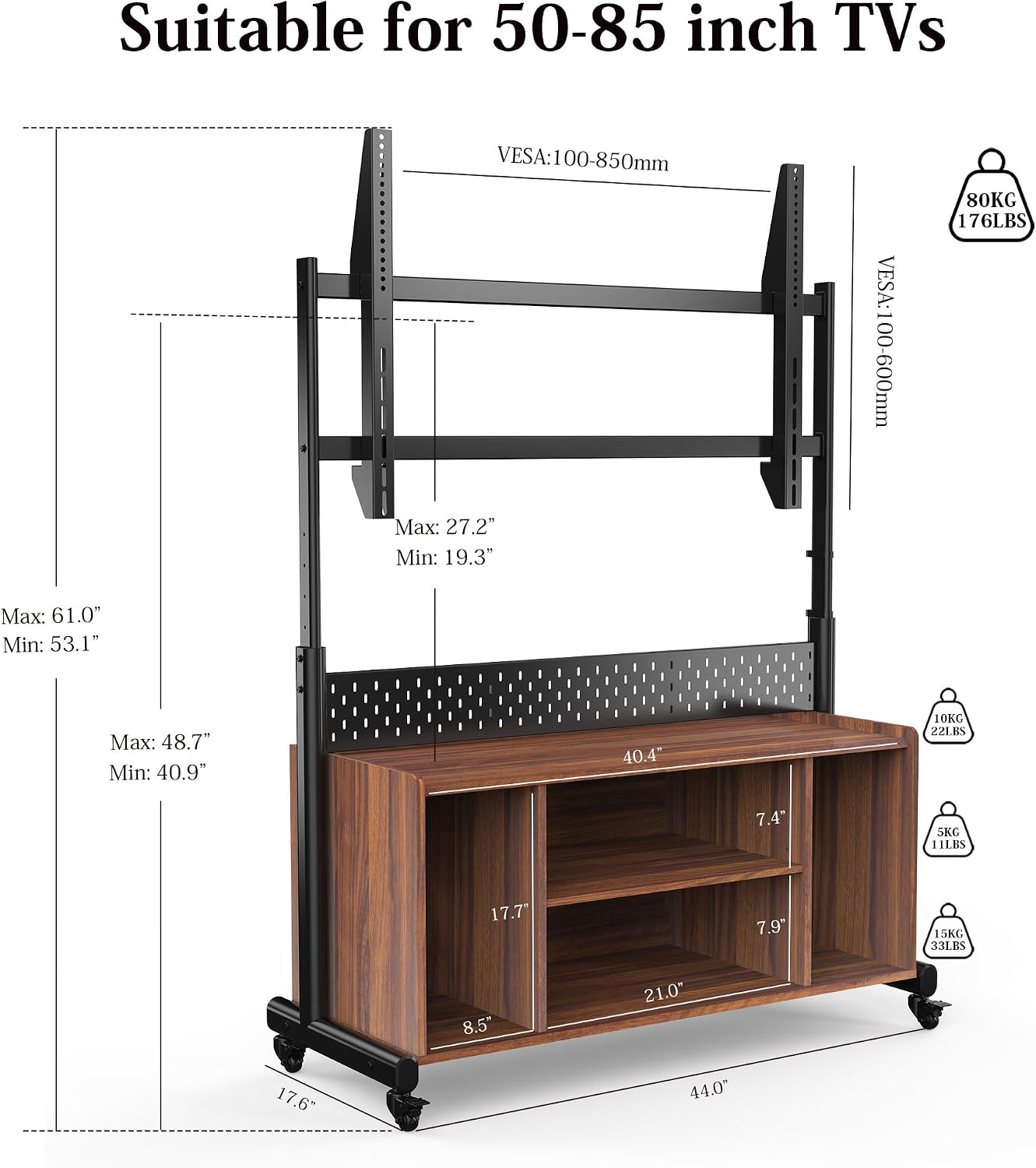 FITUEYES Rolling 3-in-1 Entertainment Center for 50-85 inch TVs, Heavy Duty TV Console on Wheels Lockable Hold Up to 176 lbs, Height Adjustable TV Stand Cabinet & Pegboard for Living Room, Bedroom
