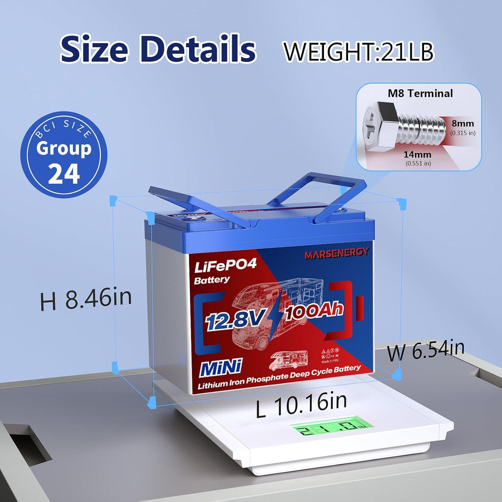 12V 100Ah Lifepo4 Battery, Bci Group 24 Size, Built-In 100A Smart BMS, 4500+ Deep Cycle Grade A Lithium Cells For RV Travel,Trolling Motor,Marine, Boat, Solar Panel, Off Grid, Camping (1PC)