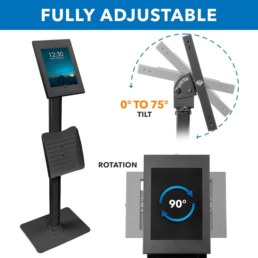 Mount-It! Anti-Theft iPad Tablet Floor Stand Kiosk with Literature Holder, Lockable Enclosure for iPad Gen 7–11, Pro & Air (A16), 90° Rotation & 75° Tilt, Commercial Kiosk Stand, Bolt Down Base, Black