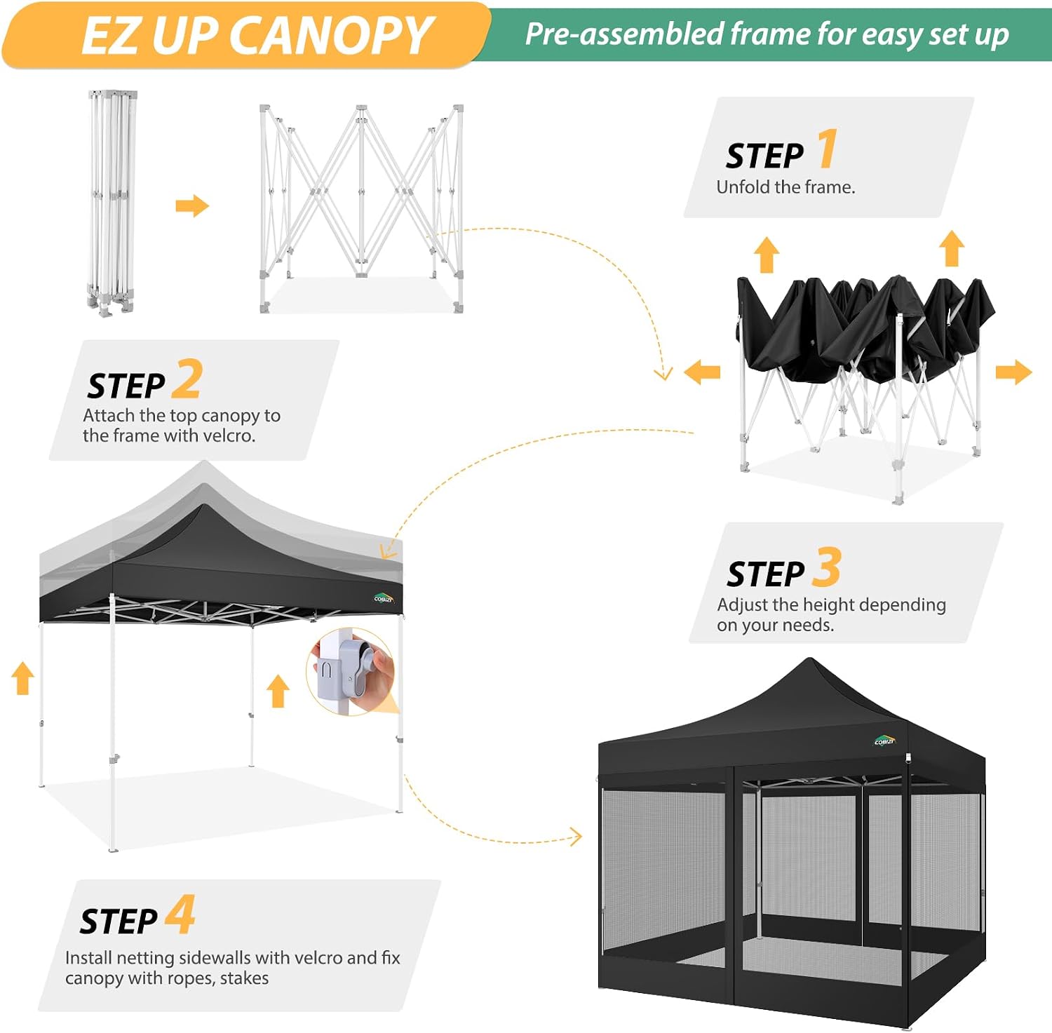 COBIZI 10x10 Canopy Tent with 4 Sidewalls,Heavy Duty Pop up Canopy with Mosquito Netting,Easy up Screen Tent for Parties Wedding Outdoor Camping with Handbag,Black