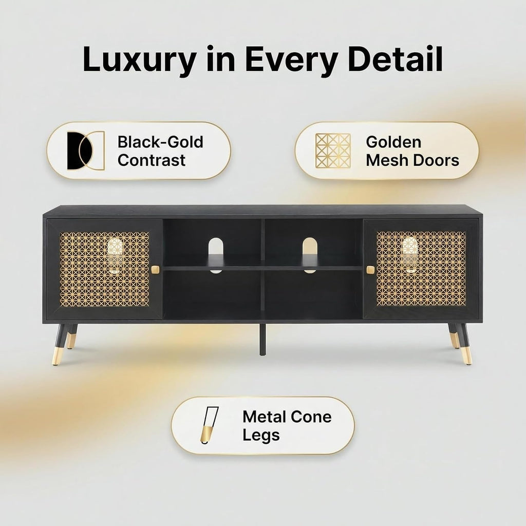 JYED DECOR Black TV Stand for 75 inch TVs, 66' Mid Century Modern Media Console, Long Entertainment Center with Storage Cabinet for Living Room