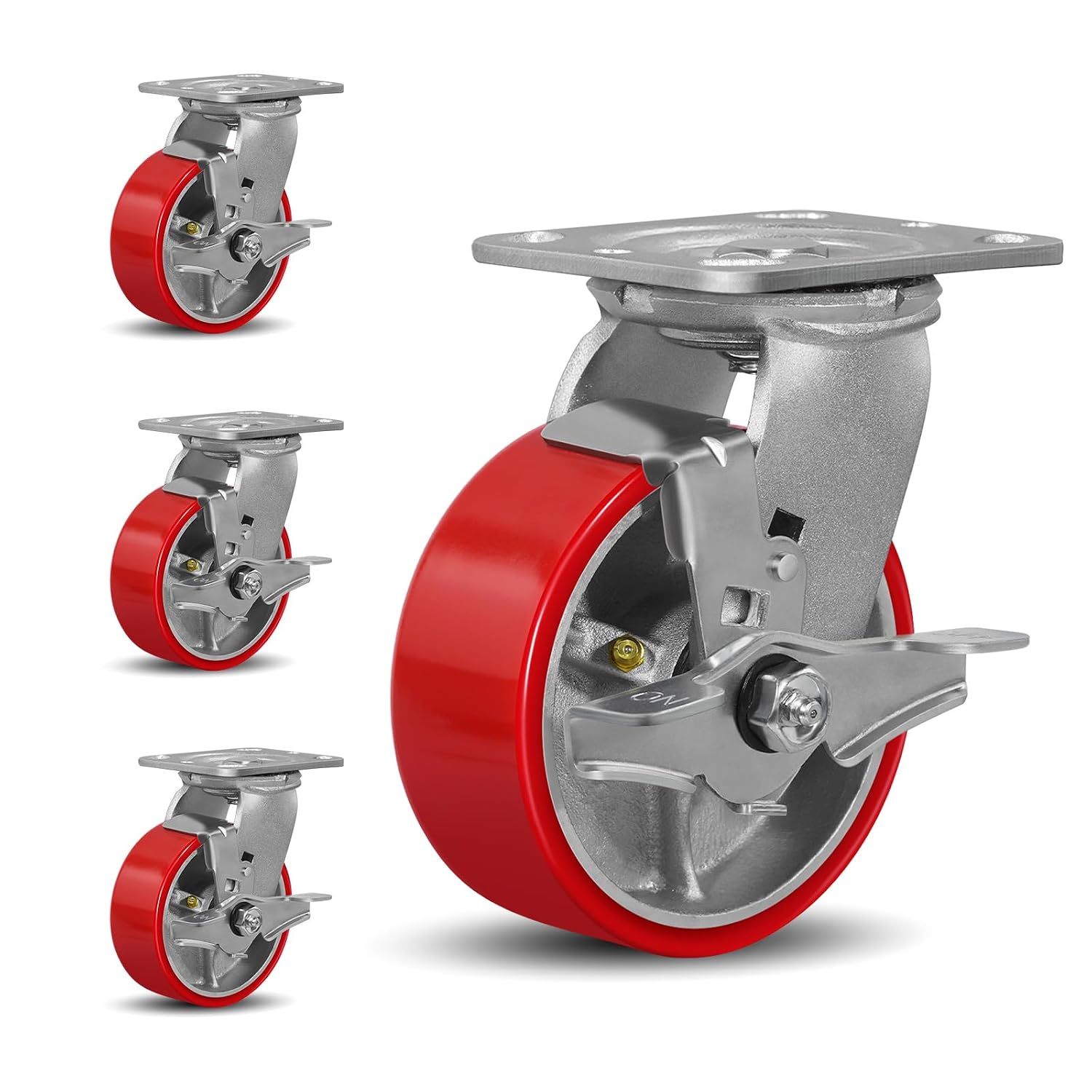 5' X 2' Industrial Plate Brake Caster Wheels Set of 4 Heavy Duty,Load Capacity 3200lbs,Polyurethane Wheel on Steel Hub for Toolbox Workbench