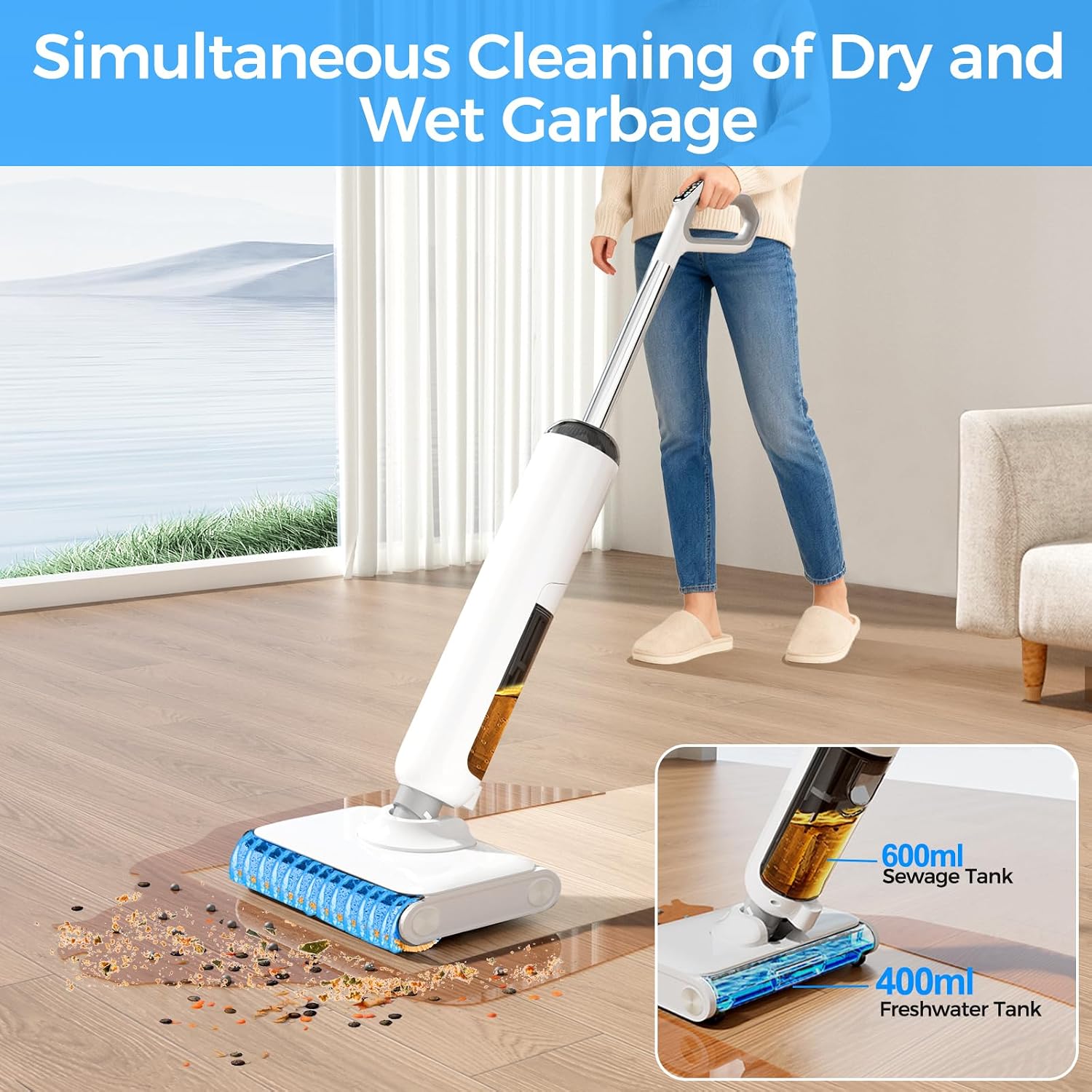 Wet Dry Vacuum Cleaner Cordless, 23KPa Vacuum Mop for Hard Floors, Up to 45 Min Runtime, 180° Lay-Flat Design with Hot Water Self-Cleaning & 185°F Hot Air Drying, Anti-Tangle Brush for Pet Hair