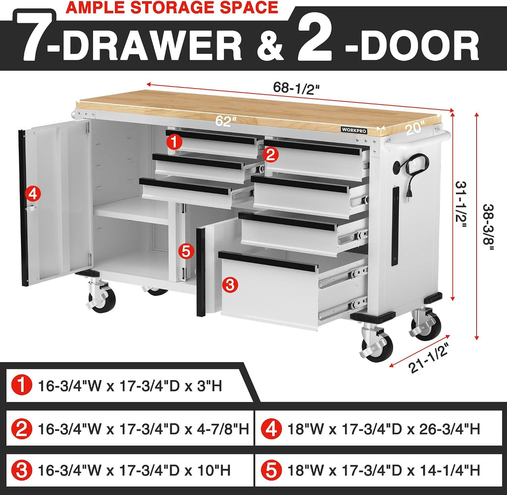 WORKPRO 62' x 20' 7-Drawer & 2-Door Rolling Tool Chest, Mobile Tool Storage Cabinet with Power Strip, Locking System, Heavy Duty Rolling