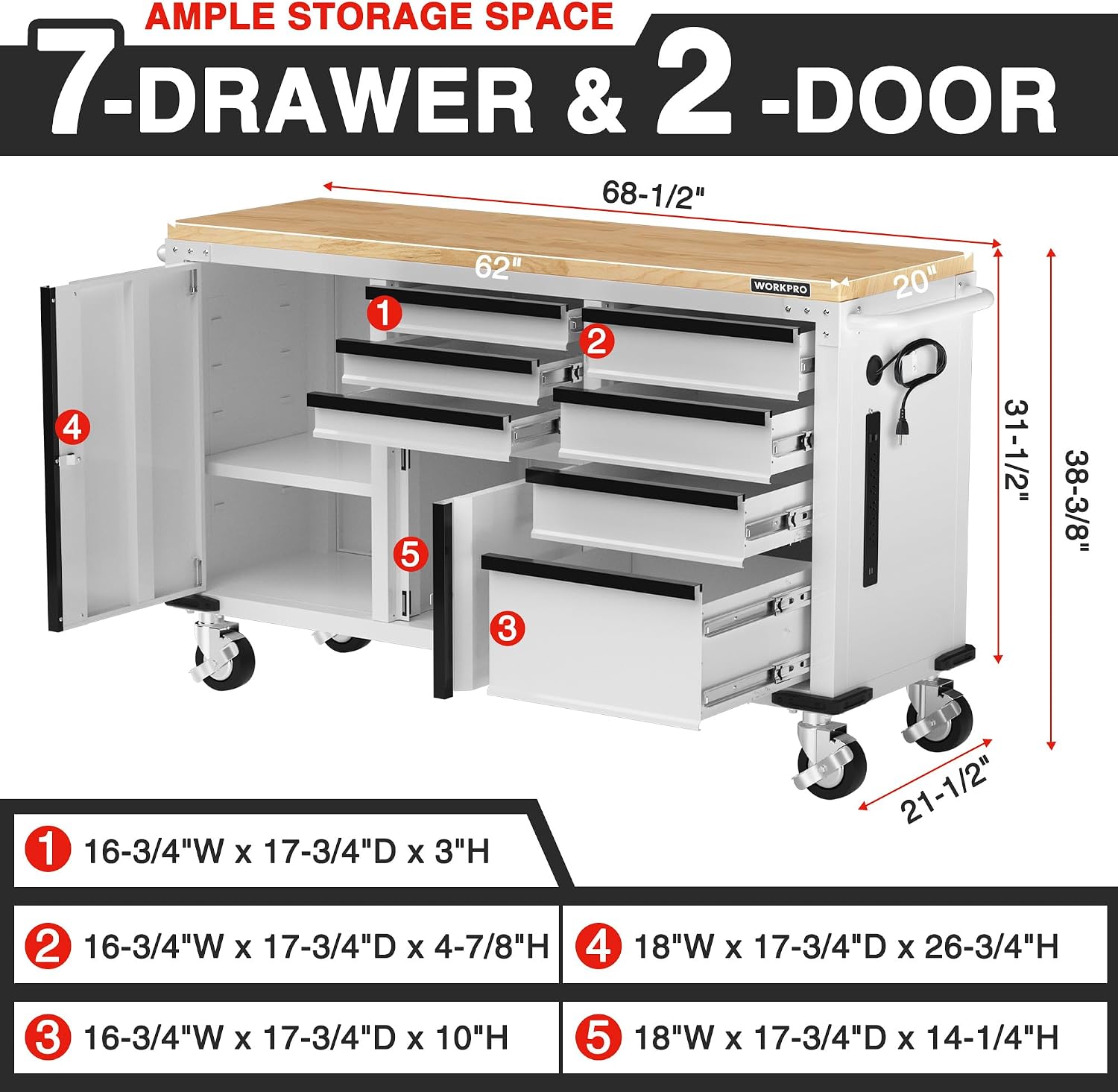 WORKPRO 62' x 20' 7-Drawer & 2-Door Rolling Tool Chest, Mobile Tool Storage Cabinet with Power Strip, Locking System, Heavy Duty Rolling