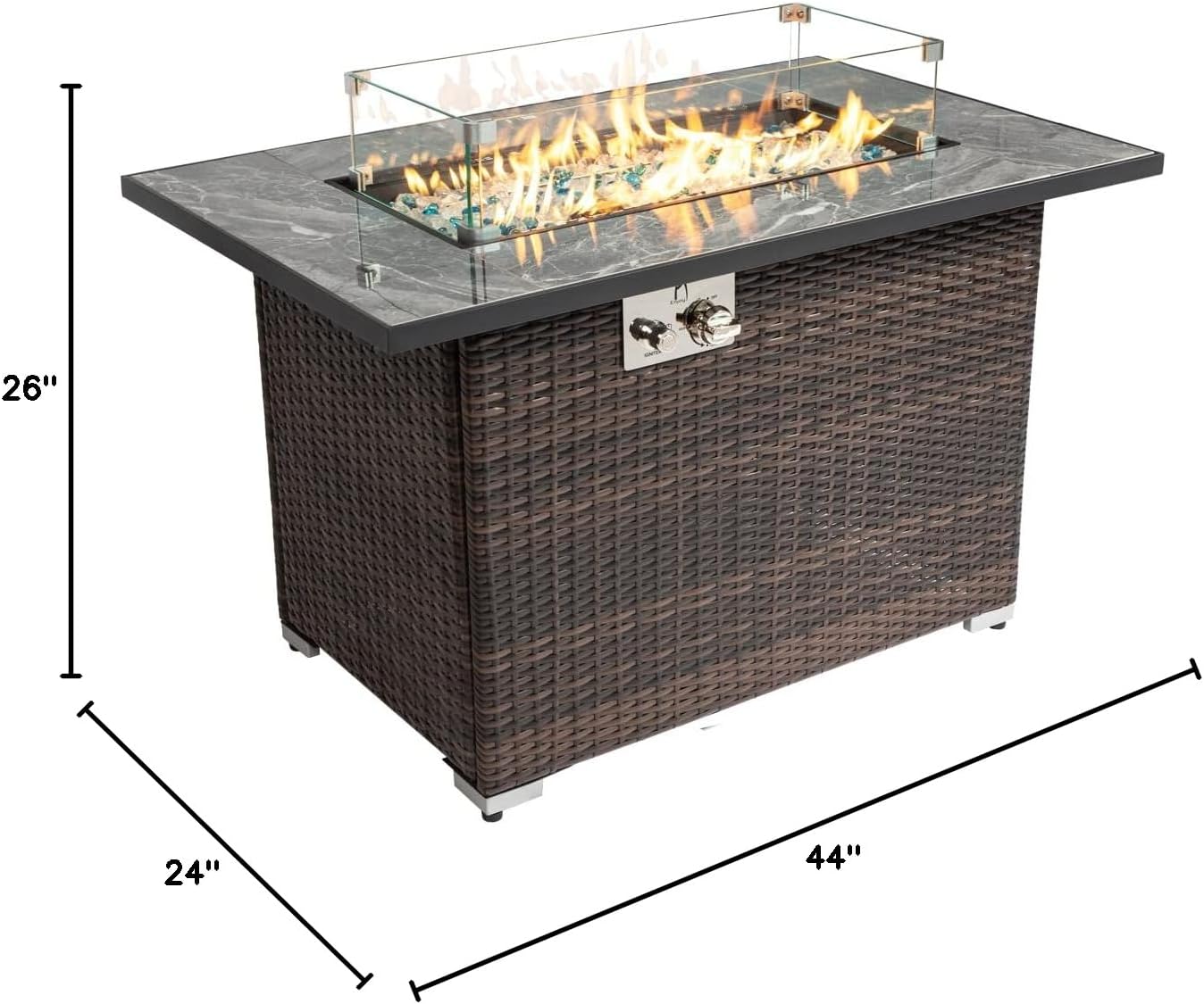 44in Outdoor Fire Pit Table with Natural Gas Conversion Kit, 50,000 BTU Auto-Ignition Gas Firepit with Glass Wind Guard, Marble Tile Tabletop, Mixed Color Glass Rocks, Brown PE Rattan…