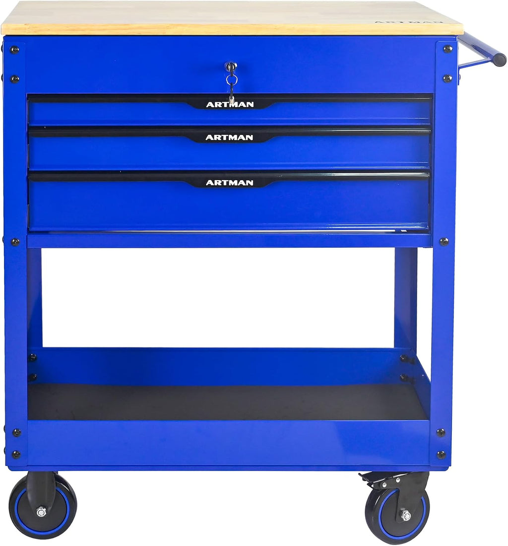 3 Drawers Tool Cart on Wheels,Tool Storage Box with Wooden Top,Drawers Rolling Tool Box Organizer Tool Case for Garage,Warehouse,Workshop,Repair Shop (3 Drawers-38.5' H-Blue&Black)