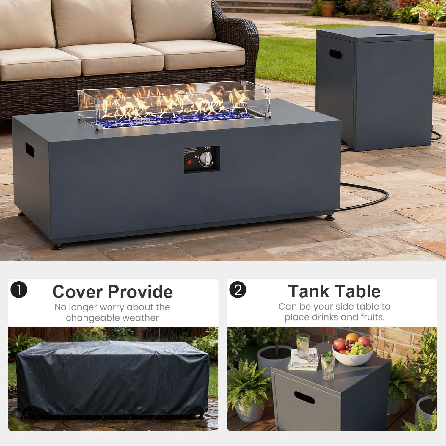 42' Propane Fire Pit Table Set with Tank Holder, Rectangle 2-Piece Outdoor Firepit Wind Guard, Lid, Glass Stones and Cover