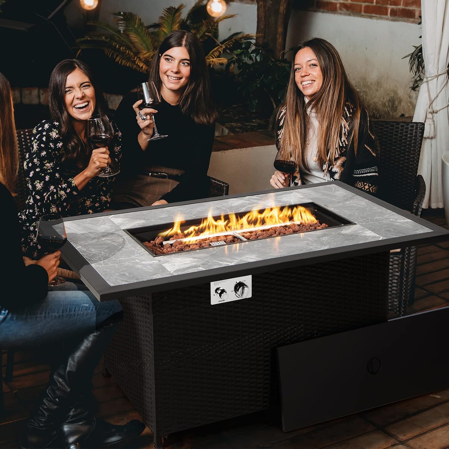 COSTWAY 52' Patio Propane Fire Pit Table, 50,000 BTU Outdoor Fire Table, Electric Pulse Ignition, Marble Tabletop & Weatherproof Rattan, Protective Cover Included, Perfect for Backyard, Poolside