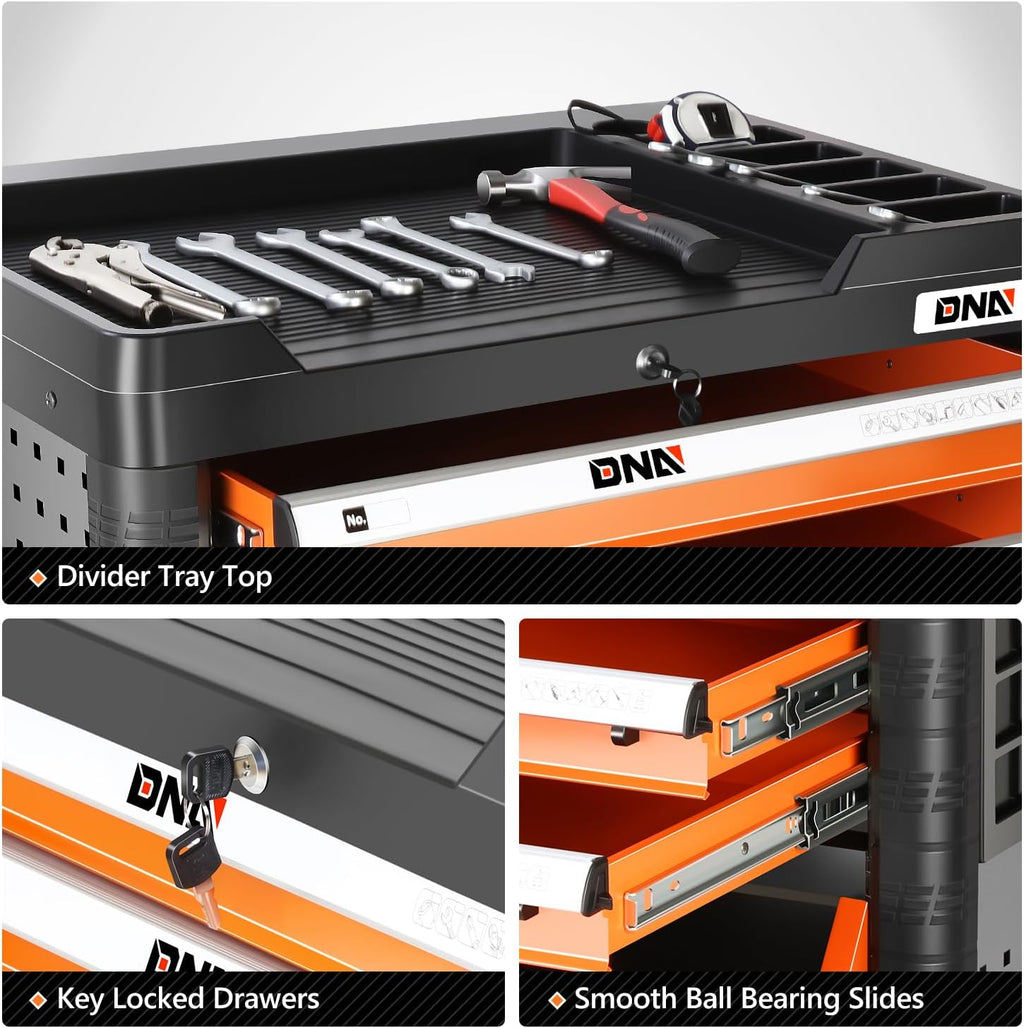 DNA Motoring 4-Drawer Rolling Tools Chest, Rolling Tool Storage Cabinet, Heavy Duty Mechanic Tool Cart, Trolley Organizer for Garage, Warehouse, Workshop, Orange, TOOLS-00402