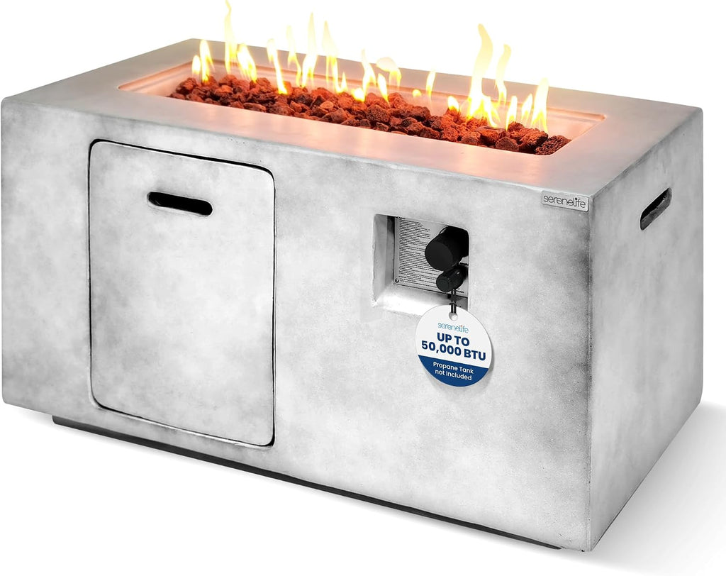 SereneLife Fire Pit Table 50,000 BTU Propane Gas Fire Pit with Adjustable Flame, Stainless Steel Burner, Weather-Resistant Build, Easy Propane Tank Access, and Elegant Lava Rocks for Patio or Backyard