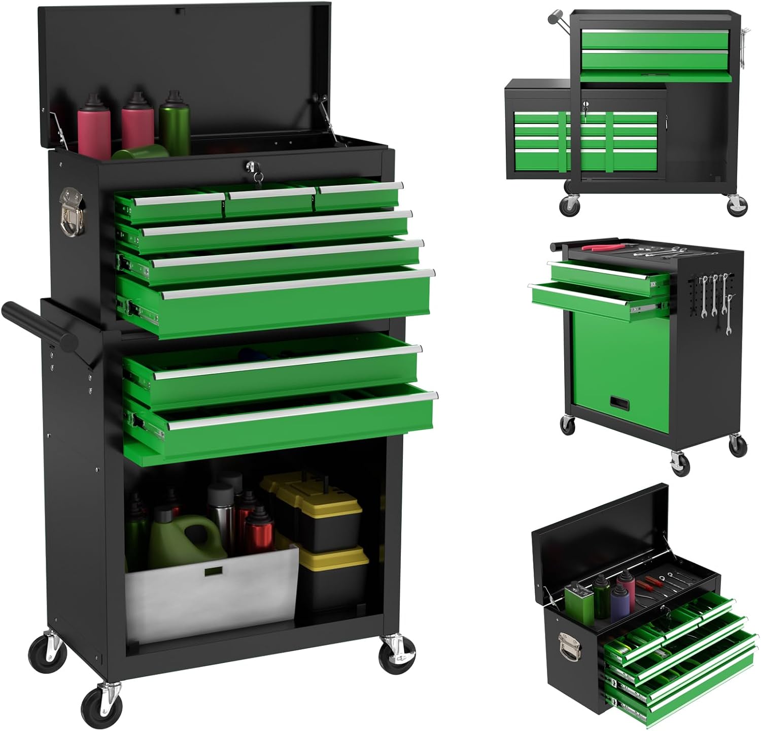 8-Drawer Rolling Tool Box, Lockable Rolling Tool Chest with Wheels and Drawers, 2 in 1 Large Capacity Storage Tool Cabinet for Warehouse, Garage, Tool Room and Repair Shop (Black&Green)