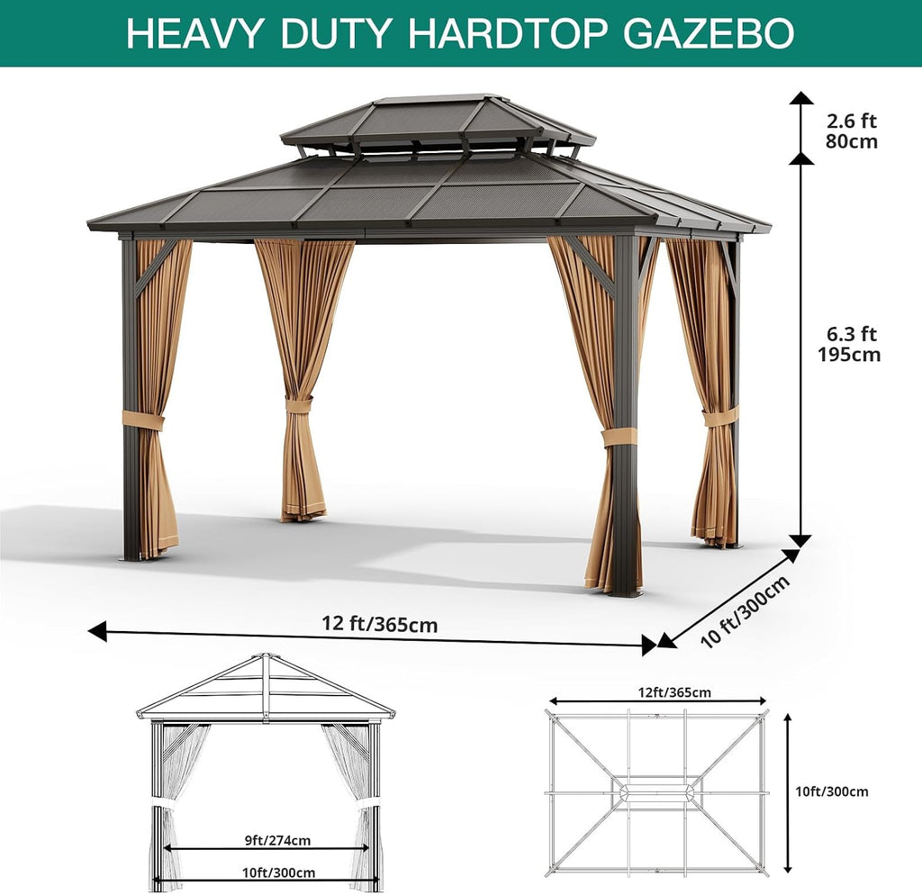 12'x10' Aluminum Permanent Hardtop Gazebo with Double Roof, Includes Removable Curtains & Mosquito Netting for Patio, Garden, and Backyard Use