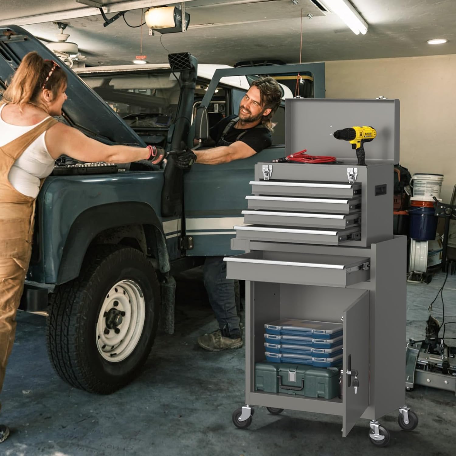 5-Drawers Tool Chest, 2-in-1 Rolling Tool Box with Wheels and Drawers, Detachable Storage Toolbox with Lock, Heavy-Duty Metal Tool Cart for Garage, Workshop（Gray）