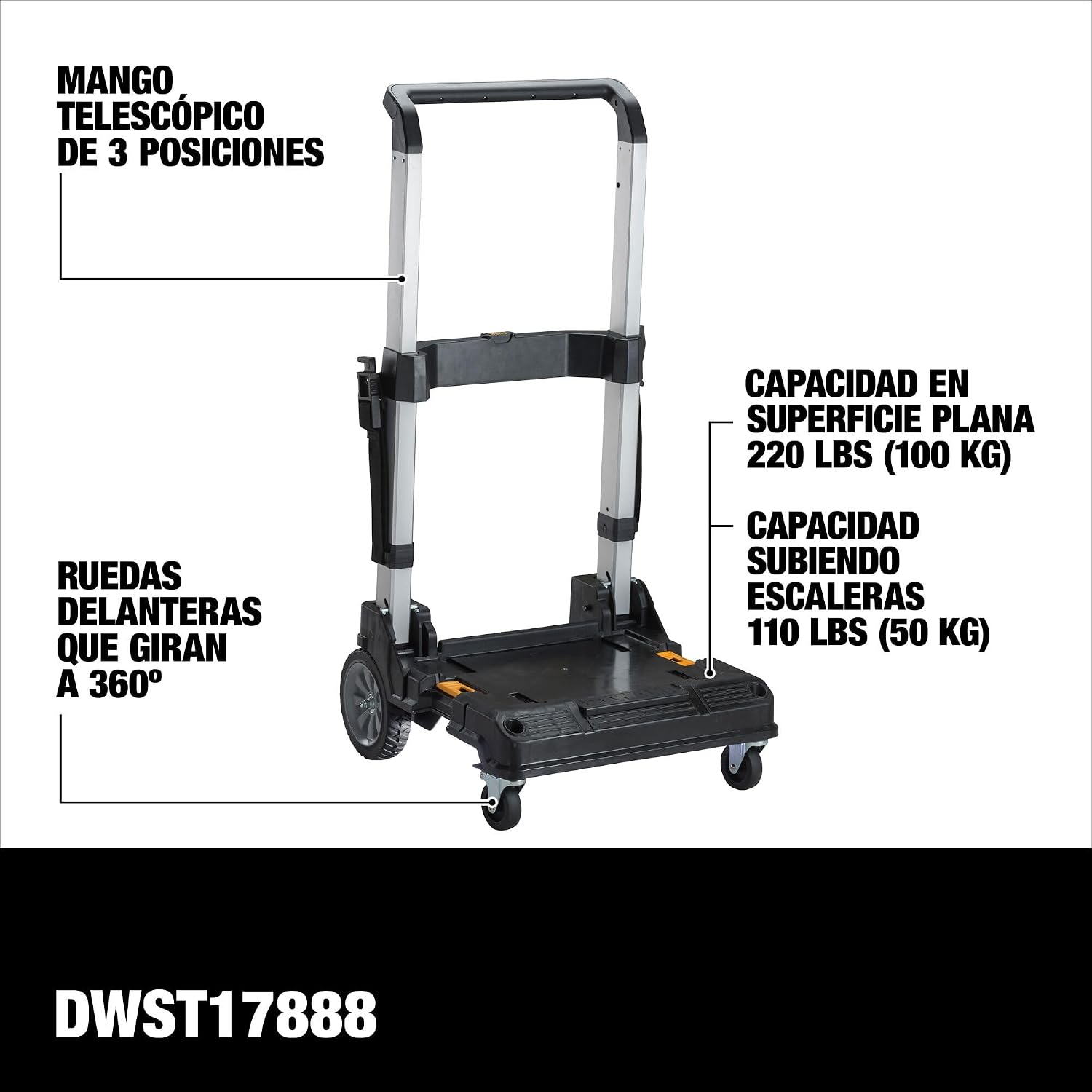 DEWALT TSTAK Trolley Cart with Handle, Swivel 360°, Capacity of Up to 200 lbs (DWST17888)
