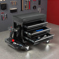 Tool Chest, 3-Drawers Rolling Tool Box with Screworivers Supports & 2 Foldable Side Trays, Rolling Mechanic Seat with Seat Cushion for Warehouse, Workshop, Capacity 350lbs, Black