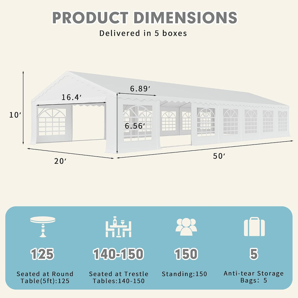EROMMY 20x50FT White Party Tent, Heavy Duty Outdoor Event Canopy with Removable Sidewalls, Roll-Up Doors and Storage Bags, Large Gazebo Shelter for Weddings, Commercial and Backyard Use