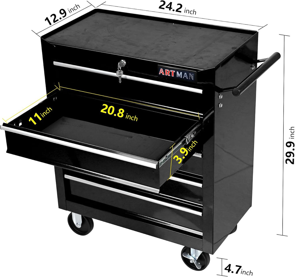 Rolling Tool Chest, 5-Drawer Tool Cabinet with Wheels, Heavy-Duty Steel Tool Storage Cabinet, Lockable Tool Box on Wheels for Garage & Workshop, Black