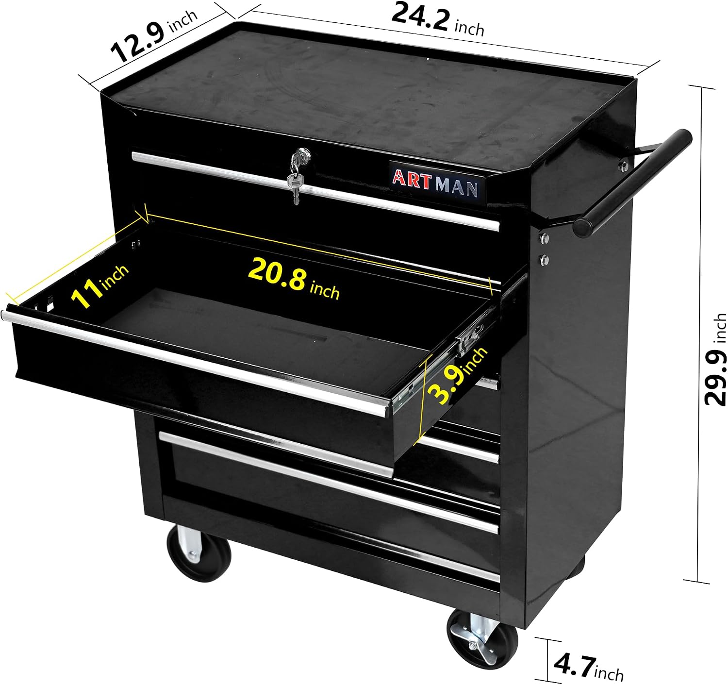 Rolling Tool Chest, 5-Drawer Tool Cabinet with Wheels, Heavy-Duty Steel Tool Storage Cabinet, Lockable Tool Box on Wheels for Garage & Workshop, Black