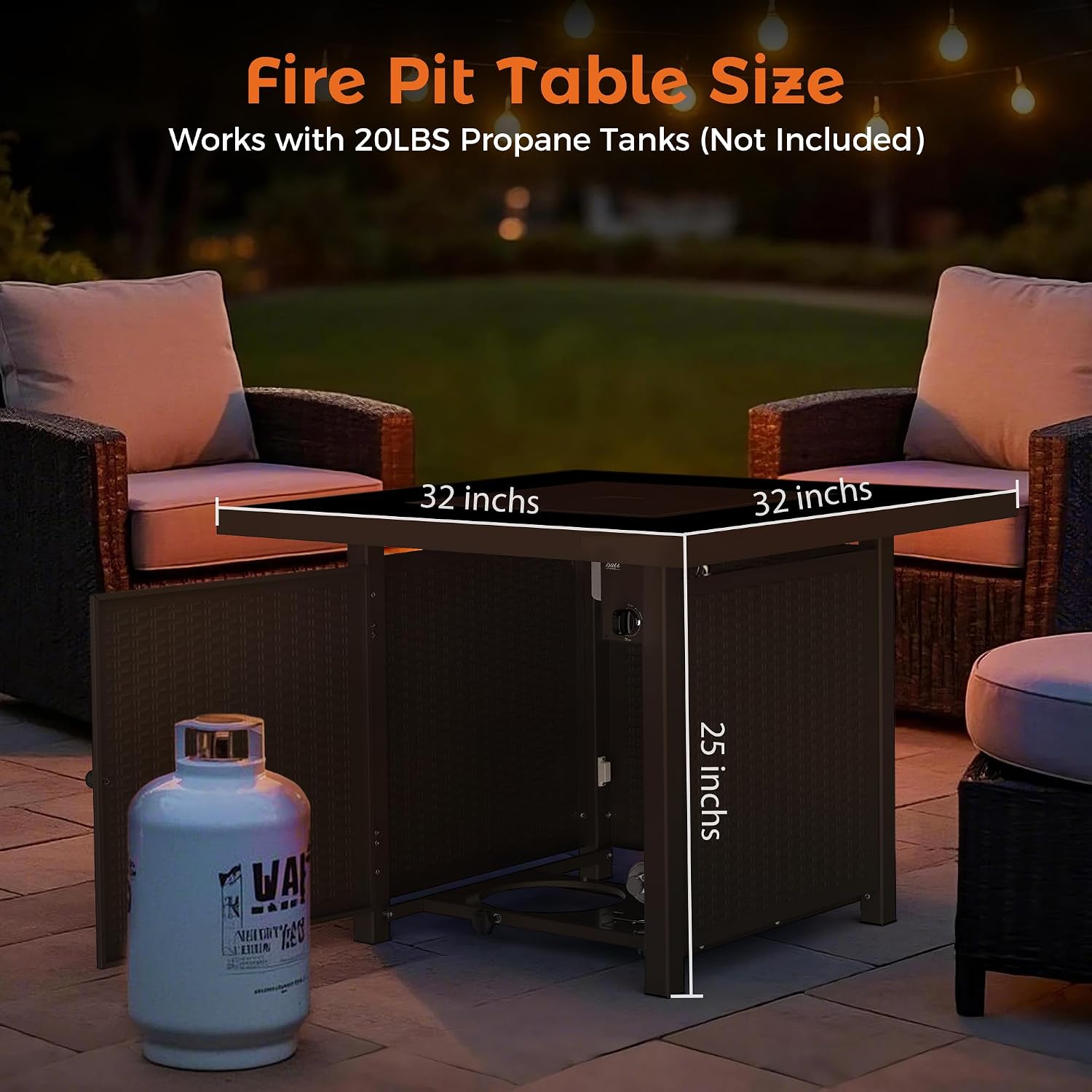 BALI OUTDOORS 32 inch Glass Tabletop Propane Fire Pit Outdoor, 50,000 BTU Propane Fire Pit Table Square, Gas Firepits for Outside Patio, Garden, Brown