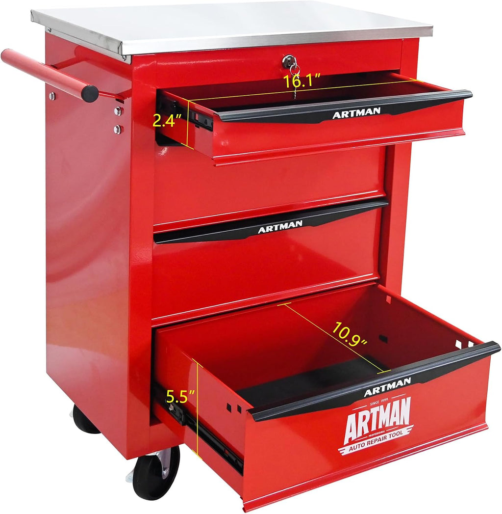 RYH 4/5/6/7 Drawers Rolling Tool Chest -Heavy Duty Mobile Metal Tool Box with Locking Wheels, with Stainless Steel Worktop, Garage Tool Storage Cabinet (Red, 4-Drawers 30.7' H×22.2' W)