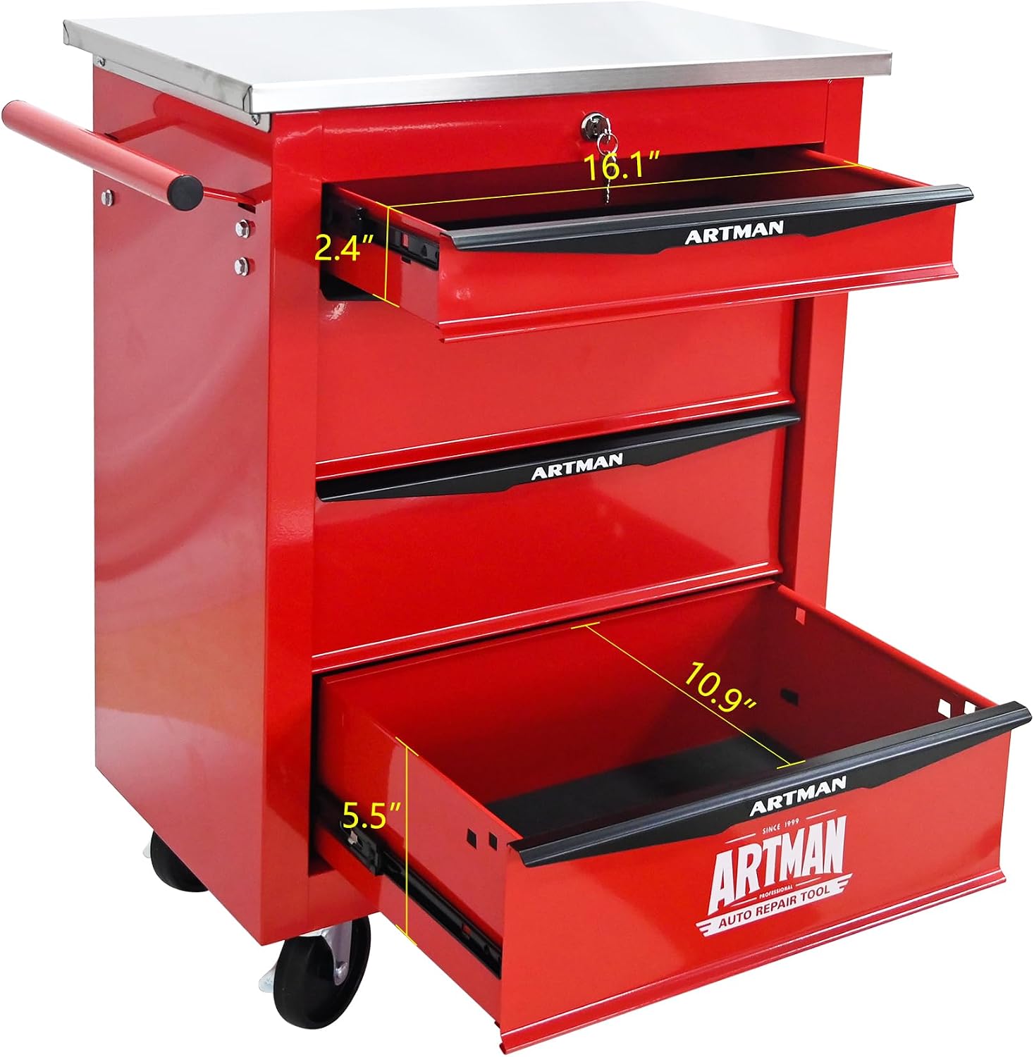 RYH 4/5/6/7 Drawers Rolling Tool Chest -Heavy Duty Mobile Metal Tool Box with Locking Wheels, with Stainless Steel Worktop, Garage Tool Storage Cabinet (Red, 4-Drawers 30.7' H×22.2' W)