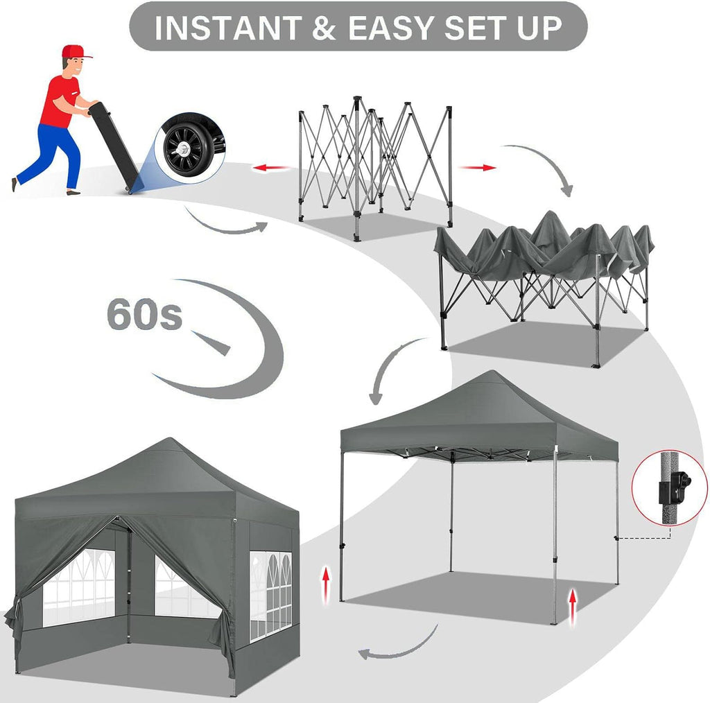 COBIZI 10x10 Pop Up Canopy Tent 10x10 Canopy with 4 Sidewalls Waterproof Heavy Duty Commercial Canopy Tent for Parties Outdoor Garden Gazebo, Carry Bag with Wheel(10x10ft, Gray)