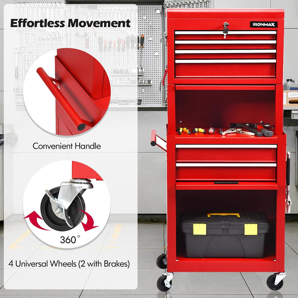 IRONMAX Tool Cabinet on Wheels, 6-Drawer Lockable Rolling Tool Chest w/ 4 Universal Wheels, 2 in 1 Detachable Tool Box Storage Organizer for Garage Workshop Repair Shop, Red