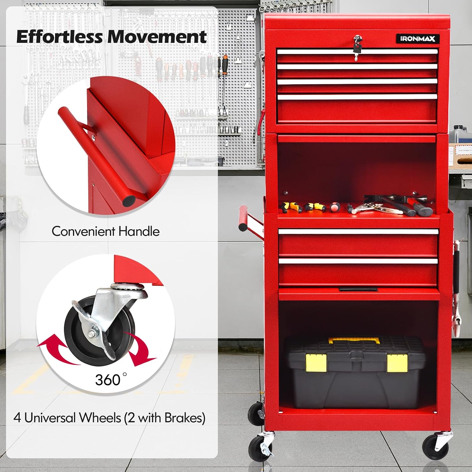 IRONMAX Tool Cabinet on Wheels, 6-Drawer Lockable Rolling Tool Chest w/ 4 Universal Wheels, 2 in 1 Detachable Tool Box Storage Organizer for Garage Workshop Repair Shop, Red