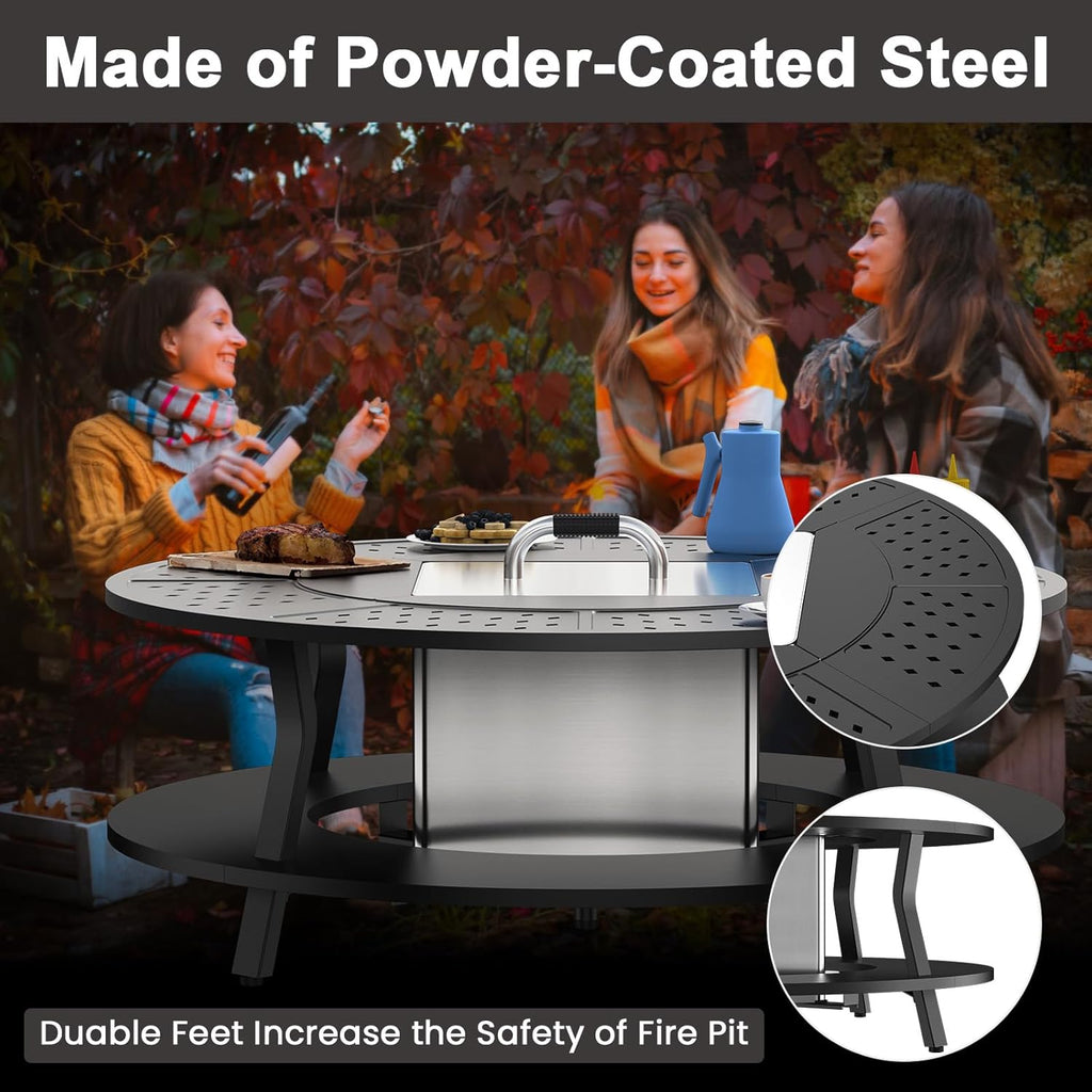 Uniflasy Smokeless Fire Pit and Fire Pit Surround Tabletop, Portable Protective Barrier Equal Width, Safety & Extra Space, 48' Outdoor Tabletop & 17' Smokeless Firepit for Backyard, Camping & Party