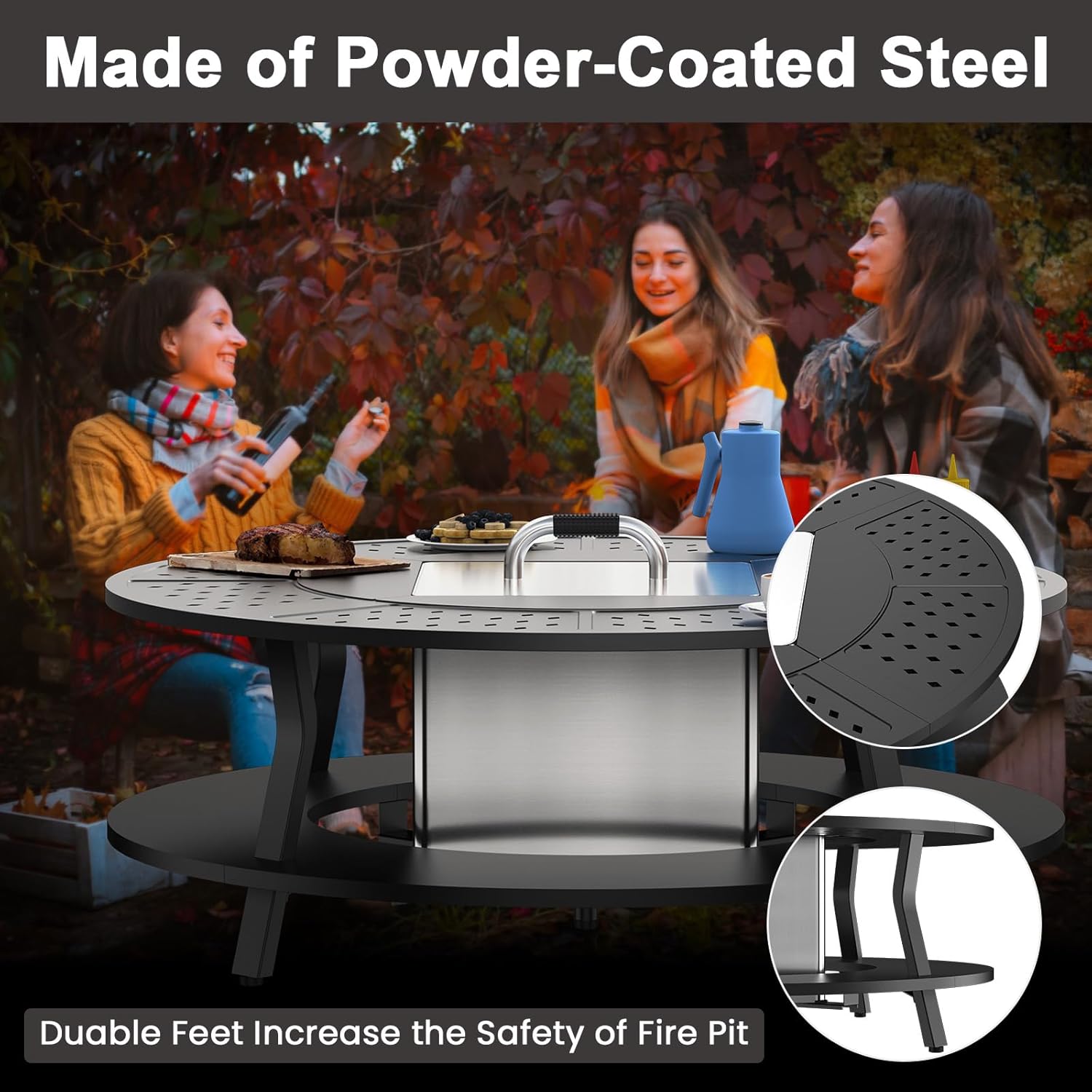 Uniflasy Smokeless Fire Pit and Fire Pit Surround Tabletop, Portable Protective Barrier Equal Width, Safety & Extra Space, 48' Outdoor Tabletop & 17' Smokeless Firepit for Backyard, Camping & Party