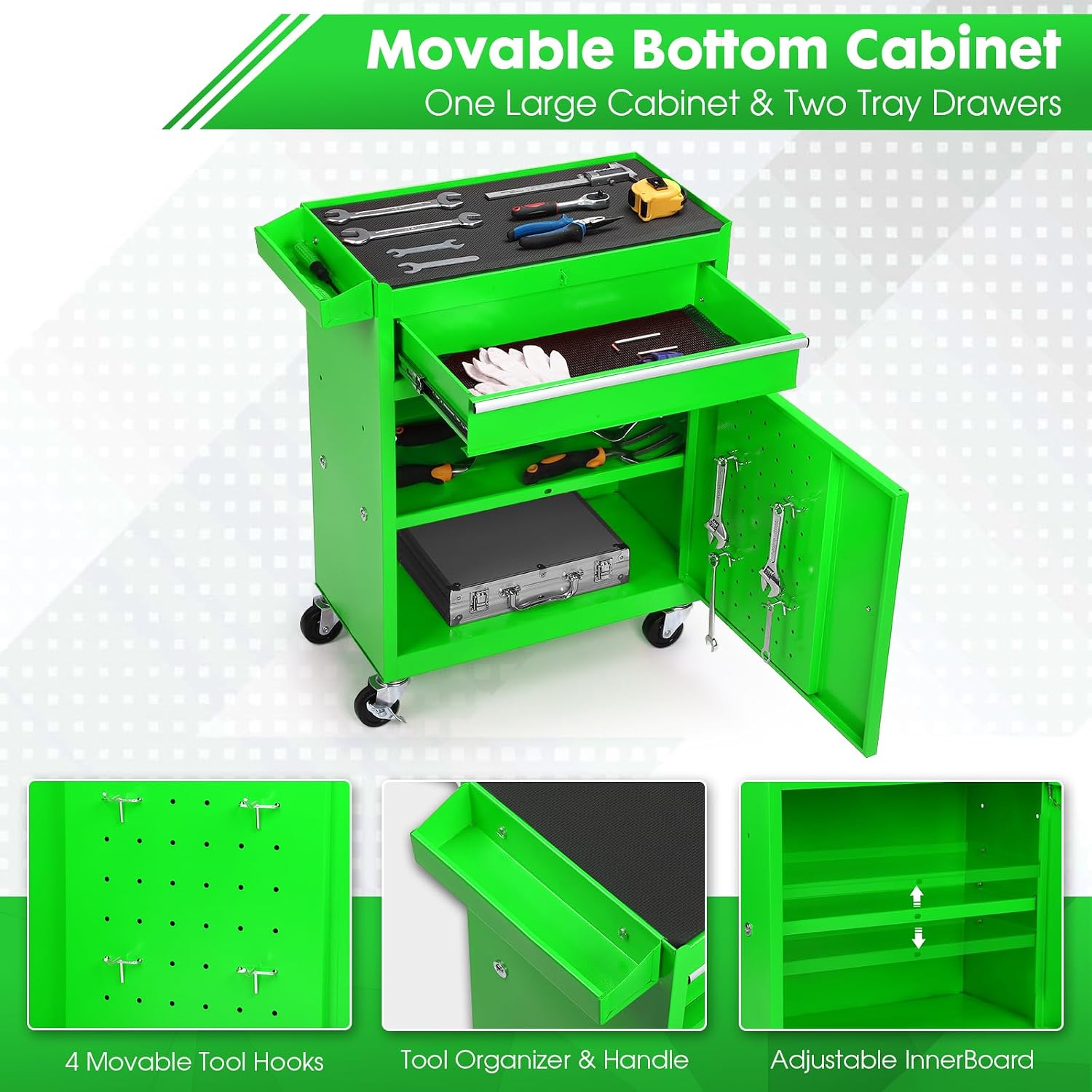 5-Drawer Rolling Tool Chest – 2-in-1 Lockable Tool Box with Wheels, Sliding Drawers & Detachable Top – Garage & Workshop Storage Cabinet, Green
